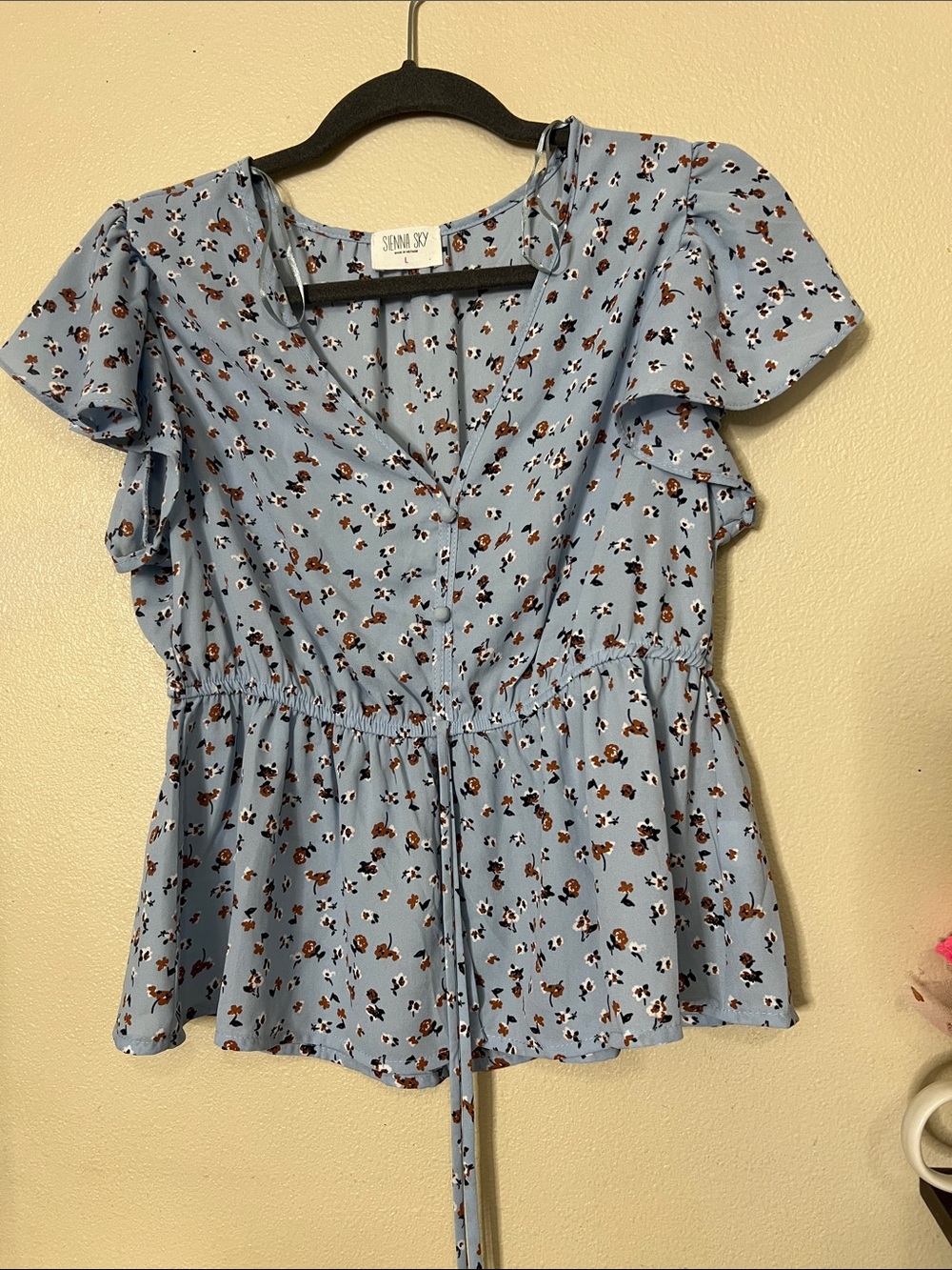 Sienna Sky Light Blue Floral Peplum Tie-Front Blouse